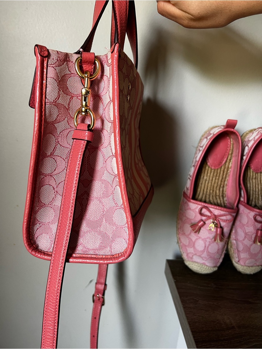 COACH Pink Signature Logo Satchel with Striped Detail - Picture 3 of 6